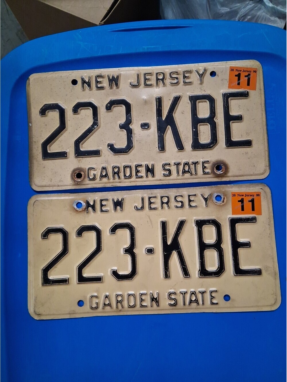 Pair Vintage New Jersey License Plate Matching Tan Cream Garden State NJ 233 Kbe